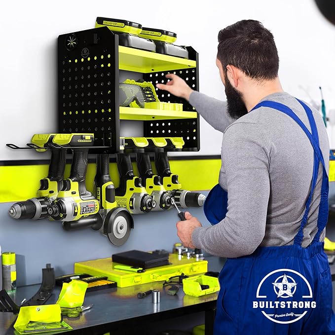 Power Tool Organizer - 6 Drill Holder Wall Mount, 3-Tier Heavy-Duty Hand Tool Storage Rack With 2 Pegboard Sides - Green