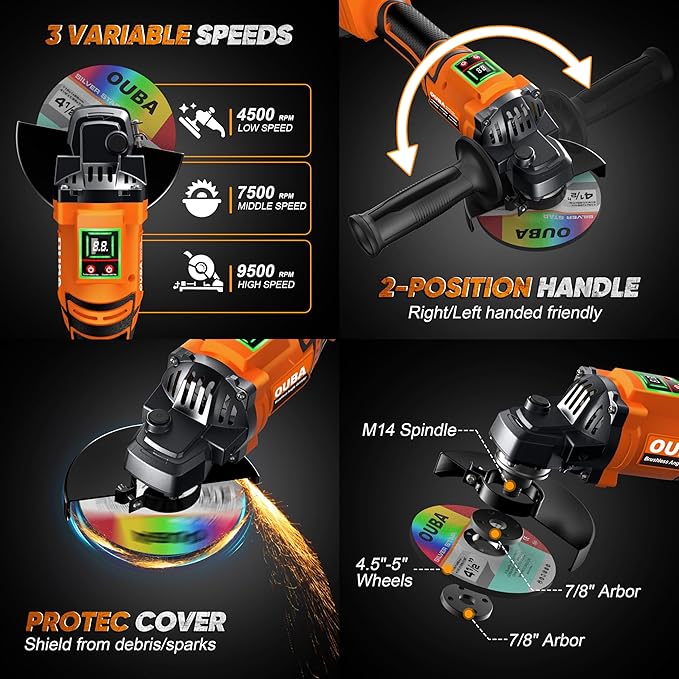 Cordless Angle Grinder Compatible for Dewalt 20V Max Battery, 3 Variable Speed, Brushless Motor with LED, Power Angle Grinder Tool Stand, Flap Disc Grinding,1x 4.0Ah Battery& Fast Charger, Orange