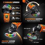 Cordless Angle Grinder Power Tools, Compatible with Dewalt 20V Max Battery Grinder Tool, Brushless Motor with LED, 3 Variable Speed, 4-1/2" Cutting Whee, Flap Disc Grinding (No Battery), Orange