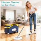 Compact Spin Mop and Bucket with Clean & Dirty Water System, Floor Mop with 360° Swivel Wheels, 61" Handle, 1 Reusable Mop Heads for for Wood, Tile, Vinyl, Baseboards- Blue/Yellow