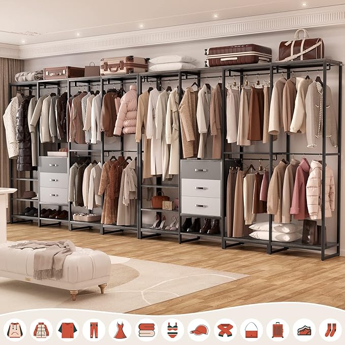 Aheaplus Wood Clothes Rack Wardrobe Organizer for Hanging Clothes, Heavy Duty Garment Rack, Large Corner L Shaped Closet System with 3 Wood Drawers, White and Grey