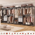 Aheaplus Wood Clothes Rack Wardrobe Organizer for Hanging Clothes, Heavy Duty Garment Rack, Large Corner L Shaped Closet System with 3 Wood Drawers, White and Grey