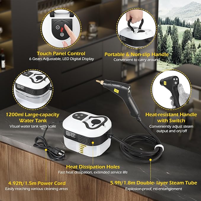 Dyna-Living Steam Cleaner 1500W Handheld Steamer for Cleaning 221℉ High-Temp Portable Car Steamer Cleaner, Intelligent Touch Panel & Spray Gun Control, Steamer Cleaner for Car