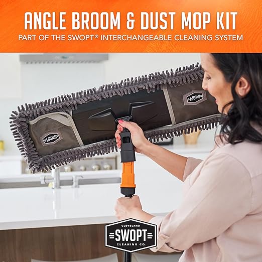 SWOPT 24” Microfiber Dust Mop, Angle Broom + 48” & 60" Steel Handles, Combo — Cleaning Heads with Long Handles Interchangeable with All SWOPT Cleaning Products — Clean Hard-to-Reach Areas