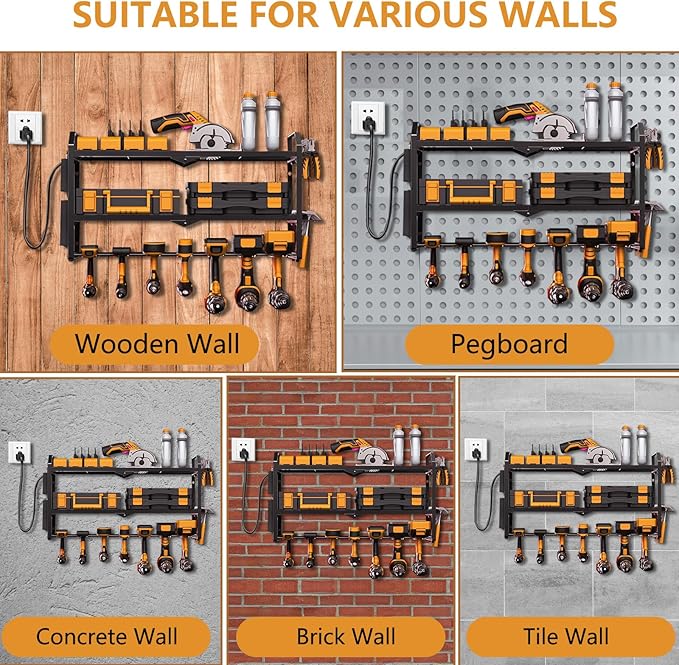 Power Tool Organizer with Charging Station: 7 Cordless Drills Holder Wall Mount Power Tool Shelf Storage Systems with 4 Outlet Power Strip, Electric Tool Storage Rack for Garage Organization/Workshop