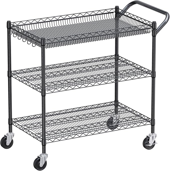 WDT 1350Lbs Capacity Heavy Duty Rolling Utility Cart, Large 3 Tier Rolling Carts with Wheels 24" Dx45 Wx39 H, NSF Commercial Grade Roll Metal Cart, Trolley Serving Cart for Garage, Kitchen, Warehouse