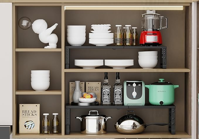 Expandable Adjustable Stackable Kitchen Organizer, Spice Rack,Metal Pantry Storage Shelves Racks,Counter Shelf for Cabinets, Countertop, Cupboard (3 Packs/Large/Black)