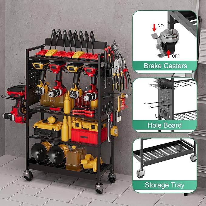 Power Tool Organizer Cart with Charging Station, Garage Floor Rolling Storage for 6 Mobile Drill, Mechanic, Power Tool Box Utility Cart with Battery Charging, Black, Gift for Men, Father