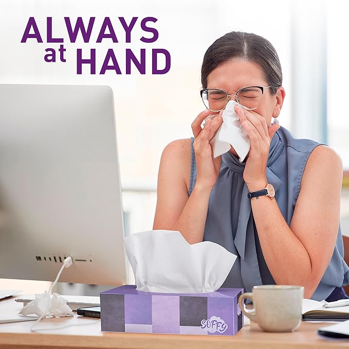 Facial Tissues, 2 Ply White - 130 Per Box, Car and Travel, Face Tissue 7.5" x 7.1", (Pack of 6) Tissue Box