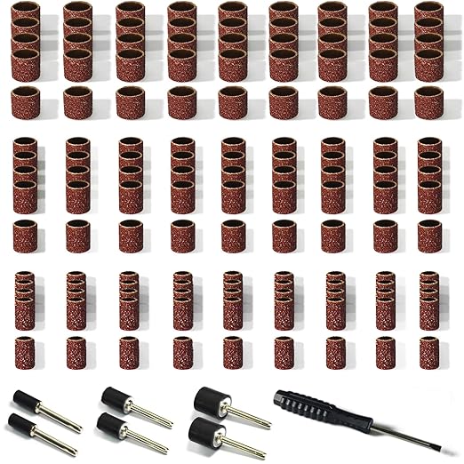 Asieg Tool Sanding Drum Kit 142Pcs 80Grit, 1/2" & 3/8" & 1/4" Diameter Drum Sanding Band with 3.17mm Shank Mandrels for Drill Dremel Rotary Tools Nails Drill