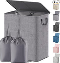 Lifewit Double Laundry Hamper with Lid and Removable Laundry Bags, Large Collapsible 2 Dividers Dirty Clothes Basket with Handles for Bedroom Laundry Room Closet Bathroom College, 155L Grey
