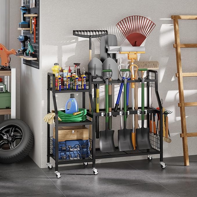 keomaisyto Garden Tool Organizer with 6 Wheels(3 lockable), Heavy Duty Yard Tool organizer with 2 Basket, Large Metal Garage Tool Organization and Storage for Garage/Shed/Yard/Broom Closet/Lawn