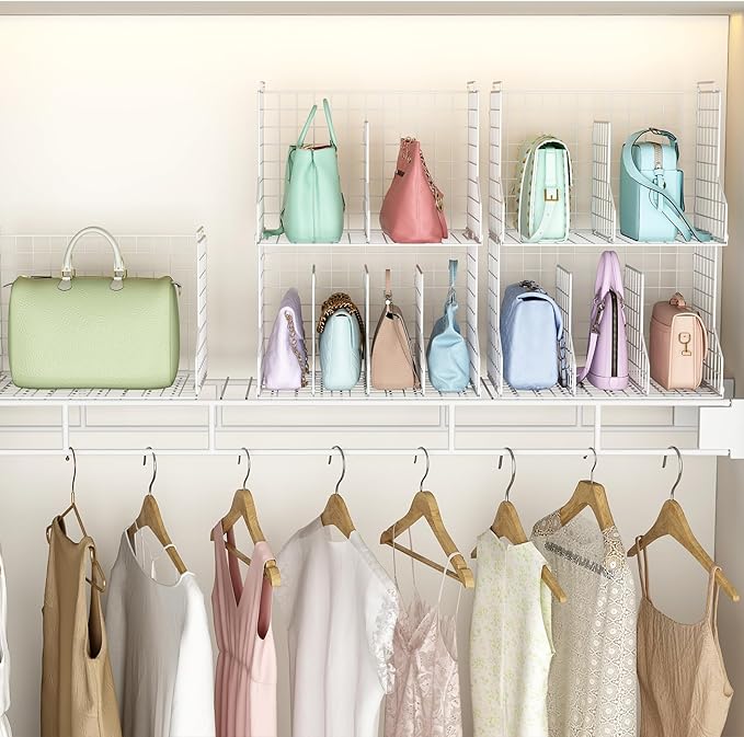 Purse Storage Organizer for Closet : Adjustable 2-Pack Dividers Handbag Organizer - Stackable Wire Handbags Storage Baskets -Open Cabinets Wallets Tote Chain Bags Clutches -White