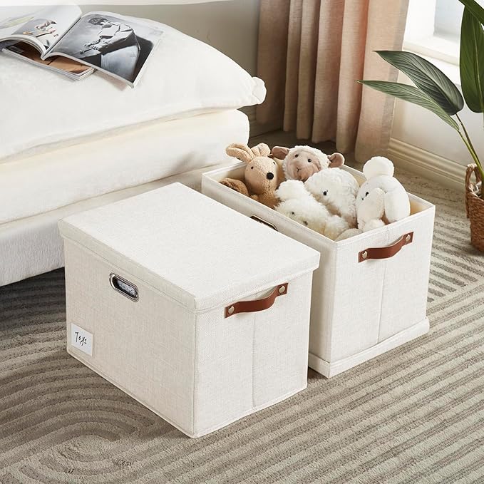 17" Large Collapsible Storage Bins with Lids, Stackable Closet Organizers with PU Handle and Labels, 3-Pack Decorative Fabric Storage Boxes for Home, Bedroom, Closet, Office, Nursery(White)