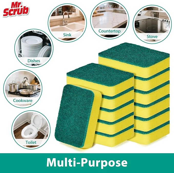Sponges Kitchen Scrub Dish Sponge Scouring Pad, 12 Pack Cleaning Brush Scrubber Supplies for Soap, Dishwashing Dinnerware Sets Pan Pot Towels Cloth Rags Holder Glass Dishwasher Sink Bathroom
