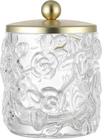 Clear Transparent Apothecary Floral Embossed Glass Jar With Gold Metal Lid Cover for Bathroom Organization, Cotton Balls, Q Tips, and Small Accessories, Bathroom Storage