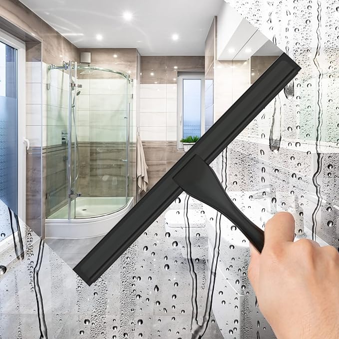 All-Purpose Stainless Steel Shower Squeegee for Shower Glass Door with Adhesive Hook, Bathroom Cleaner Tool Household Window Mirror Squeegee for Glass Doors, Cleaning Tile Wall, Car, 12 inch, Black