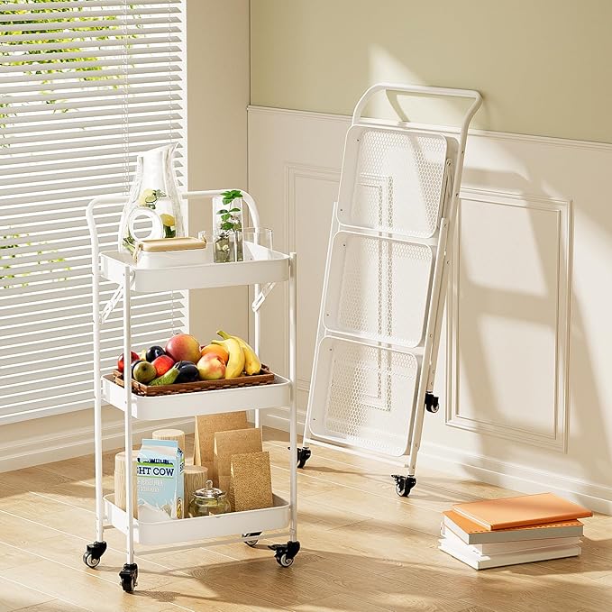 JAQ Foldable Rolling Cart, 3-Tier Metal Small Folding Storage Utility Carts Basket Rack Organizer with Handle on Wheels for Snacks Books Fruits for Kitchen Laundry Room Bathroom - (White, 3-Layer)