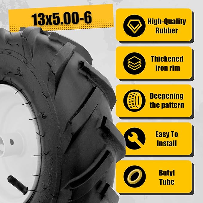 MZREXN 13x5.00-6" Tiller Tire and Wheel 2 Pack, 1" Axle Size, 3-1/8" Offset Hub, 4Ply Pneumatic, Compatible with Garden Trailer, Lug Tractor & Trencher, Tillers, and Lawn Mover Replacement Tire