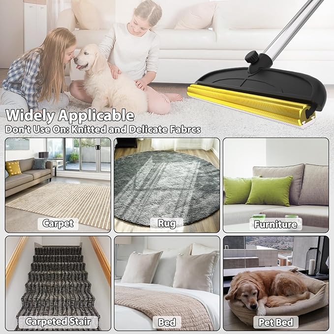 2 in 1 TPU and Copper Rake Teeth Carpet Rake for Pet Hair Removal,60inch Adjustable Long Handle Pet Hair Remover Tool,Reusable Cat Dog Hair Rake Broom,Lint Remover Scraper for Carpet,Bed(Black-Silver)