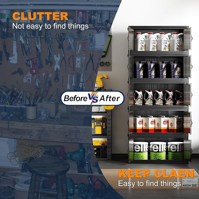 SAILUN 136Gal/543Qt Stackable Storage Bins Folding Collapsible Storage Bins with Lid, Closet Organizers and Storage, Storage Box with Door Black 26" W x 17" D x 71" H