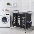 STORAGE MANIAC 3 Section Laundry Sorter, 35.9 Gal (136 L) Laundry Hamper Cart with Heavy Duty Rolling Lockable Wheel and Removable Bag, Clothes Organizer Basket Clothes Separator Hamper, Label Black