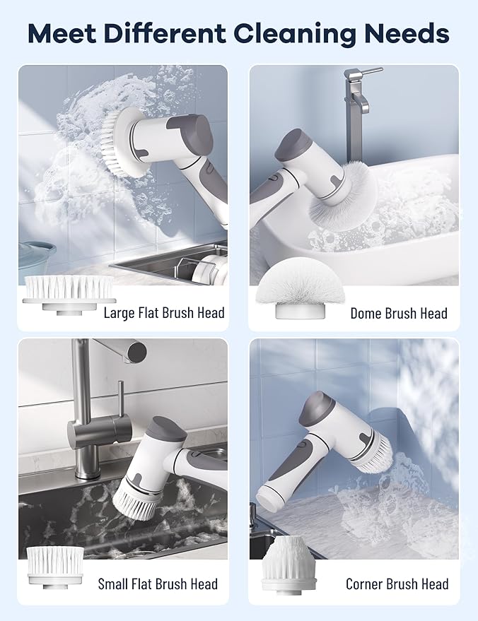 Electric Spin Scrubber,Power Scrubber Dual Speeds Cordless Shower Scrub Brush with Handle,Cleaning Brush with IPX7 Waterproof,8 Brush Heads for Kitchen,Tile,Tub (Short Purple)