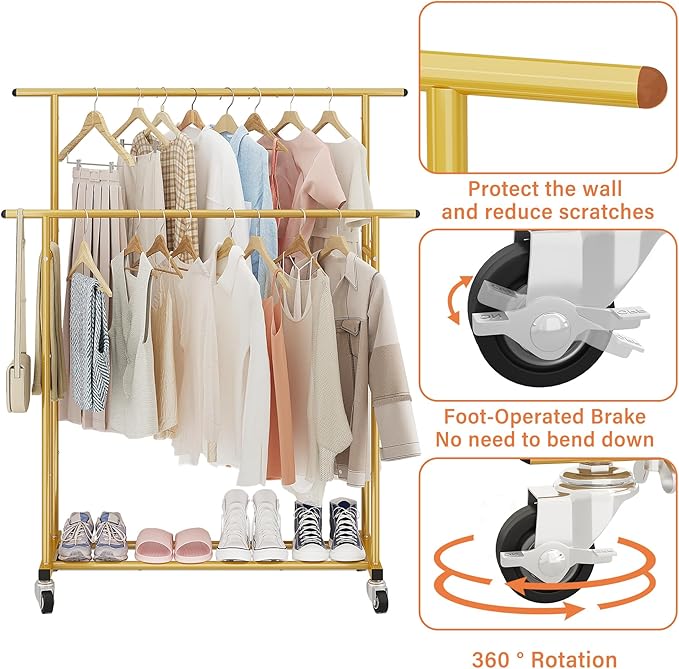 Calmootey Double Rod Clothing Garment Rack,Rolling Hanging Clothes Rack,Portable Clothes Organizer for Bedroom,Living Room,Clothing Store,Gold