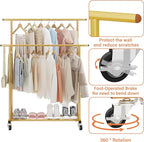 Calmootey Double Rod Clothing Garment Rack,Rolling Hanging Clothes Rack,Portable Clothes Organizer for Bedroom,Living Room,Clothing Store,Gold
