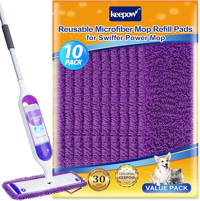 KEEPOW 10 Pack Reusable Pads for Swiffer Power Mop, Refill Pads for Swiffer Power Mop Wood Floor Cleaning, Microfiber Mop Pads for Hardwood Floors