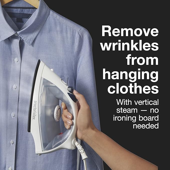 Proctor Silex Iron & Vertical Steamer for Clothes with Nonstick Soleplate, 1200 Watts, Adjustable Spray and Blast Steam Settings, Auto Shutoff, White (17150Y)