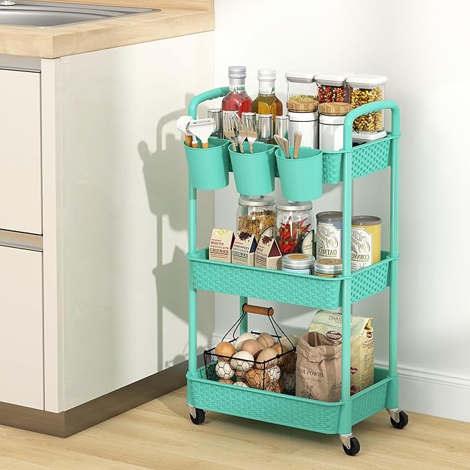 MOYIPIN 3-Tier Plastic Rolling Utility Cart with Handle,Utility Storage Cart for Office, Living Room, Kitchen,Movable Storage Organizer Shelves,Turquoise with 3 Hanging Cups