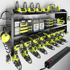 KAFAHOM Power Tool Organizer with Charging Station, Built in 8 Outlet Power Strip,Large 8 Drill Holder Wall Mount, Heavy Duty Metal Power Tool Storage Rack Tool Shelf for Garage Organization Black