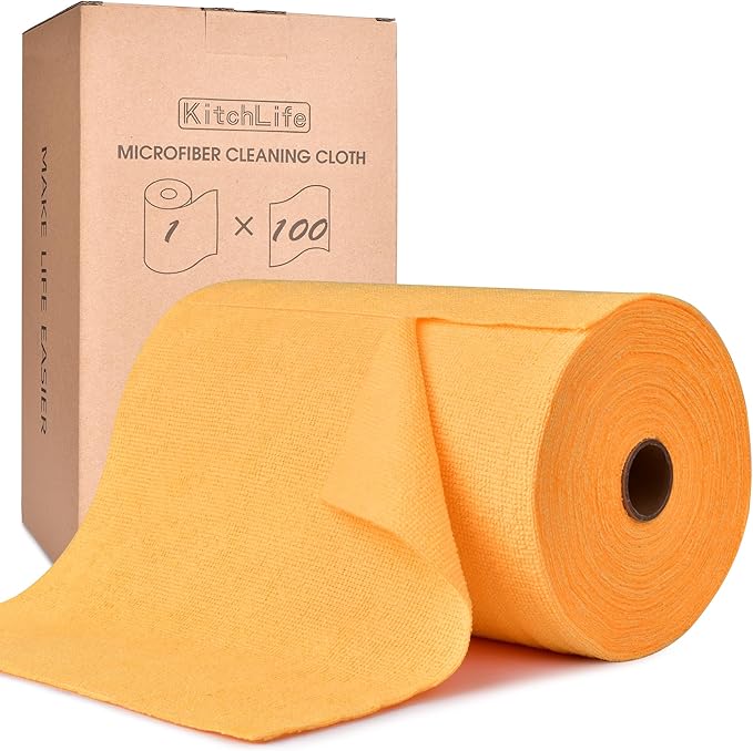 KitchLife Microfiber Cleaning Cloth Roll, 100 Pack - Tear-Away Microfiber Paper Towels, Lint-Free, Reusable, Washable for Kitchen, Car, Dishes, and Sensitive Surfaces (Tangerine Yellow)
