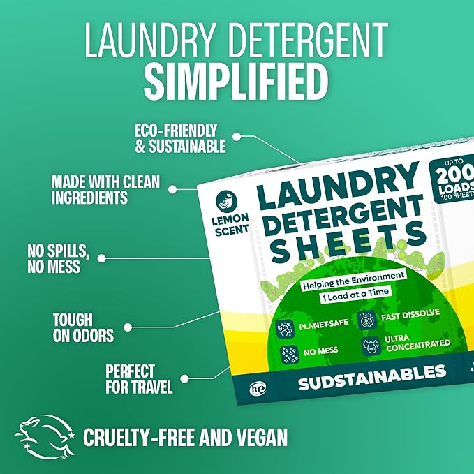 Sudstainables Laundry Detergent Sheets (60 Loads) – Eco-Friendly, Zero Waste, Plastic-Free Laundry Washing Machines Soap Sheets; Dissolvable, Space-Saving Strips for Travel (Lemon)
