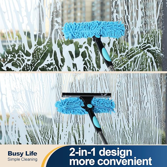 Yocada 2-in-1 Window Squeegee and Scraper with 2 Microfiber Cloths Adjustable Length 180° Rotatable Head for Glass Car Bathroom Floor Tile Window Cleaning 64.96"