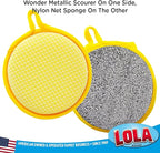 LOLA Round N' Round Wonder Non-Scratch Scouring Pad, 1 Count, Metallic on One Side, Nylon Net Sponge On Other Side, Hang Hole, Assorted Colors