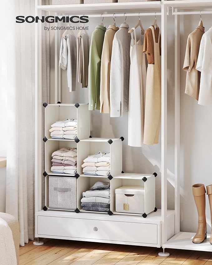 SONGMICS 6 Cube Storage Organizer, Modular Bookshelf, DIY Closet Organizers and Storage, Plastic Stackable Shelves, 11.8 x 11.8 x 11.8 Inch Cubes, with Feet and Rubber Mallet, Cream White ULPC111M01