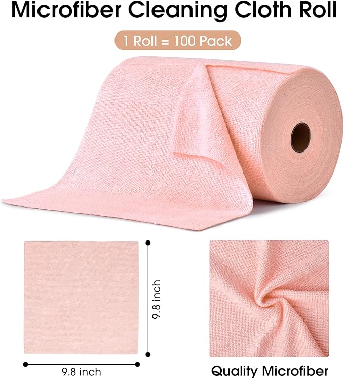 KitchLife Microfiber Cleaning Cloth Roll, 100 Pack - Tear-Away Microfiber Paper Towels, Lint-Free, Reusable, Washable for Kitchen, Car, Dishes, and Sensitive Surfaces (Pink)