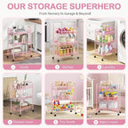 TOOLF 3 Tier Rolling Utility Cart - Durable Metal Design Pink Utility Cart, Storage Trolley on Wheels with 3 Hooks, Perfect for Kitchen, Bathroom & Laundry Room Organization