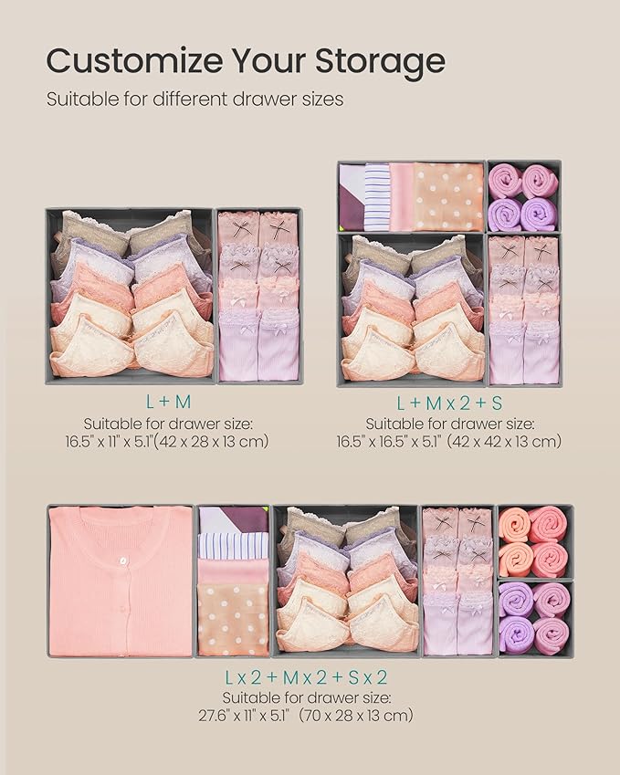 SONGMICS Drawer Organizers, Dresser Divider Organizers, Set of 18, Foldable Fabric Storage Boxes for Socks, Underwear, Bras, Ties, Scarves, Dove Gray URDZ006G05