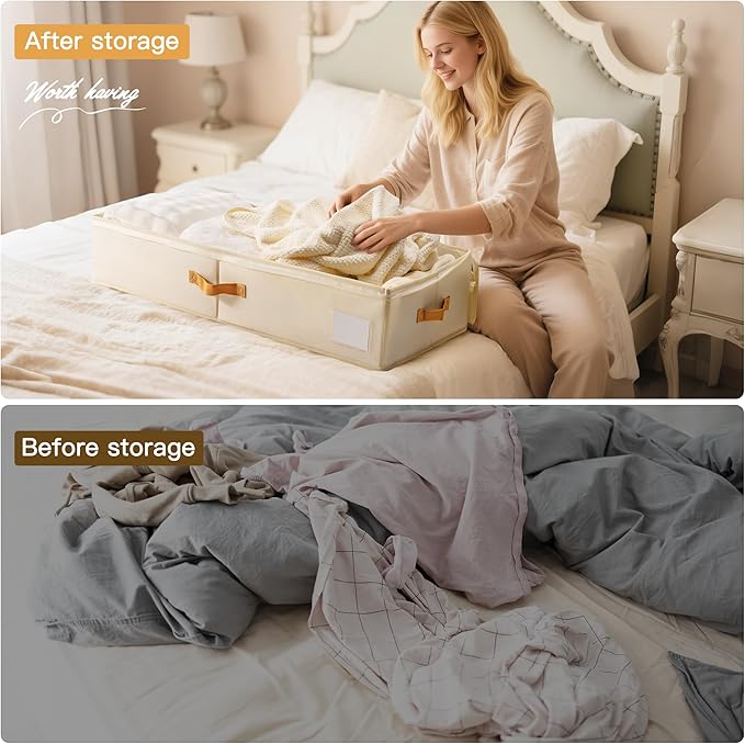 Criusia Under Bed Storage Bins with Clear PVC Lids – 4 Pack Large Underbed Organizers with Heavy-Duty Handles, Reinforced with 800G PP Panels & 80G Non-Woven Fabric – Waterproof & Foldable, Beige