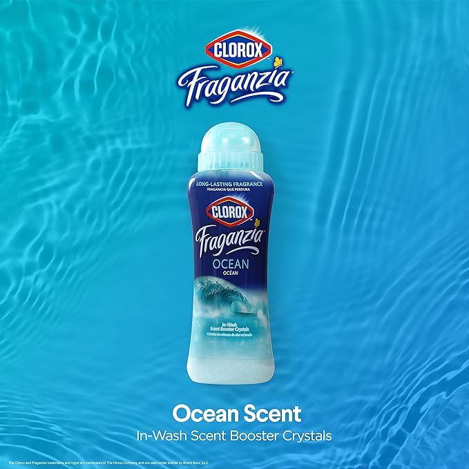 Clorox Fraganzia Laundry Scent Booster Crystals, In-Wash Fragrance Beads for Fresh-Smelling Clothes & Linens, Safe for All Fabrics & Colors, Easy-Pour Bottle, Ocean Scent, 18 Oz, 2 Pack