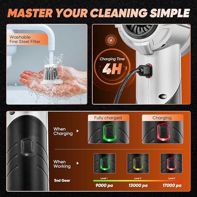 Saker Portable Handheld Vacuum Cordless Portable 17000PA Foldable Car Vacuum Cleaner Mini Dust Blower with Brushless Motor for Office Pet and Home Cleaning HL133