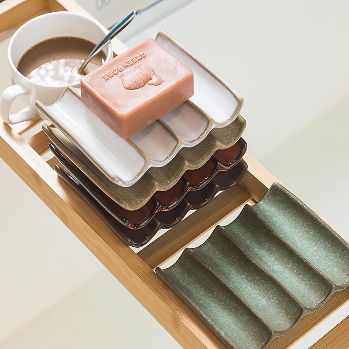 Soap Dish with Self Drain Fluted Design, Bar Soap Holder for Bathroom, Japanese Soap Tray for Shower, Bathroom and Kitchen Sink Organizer, Ceramic Soap Saver, White