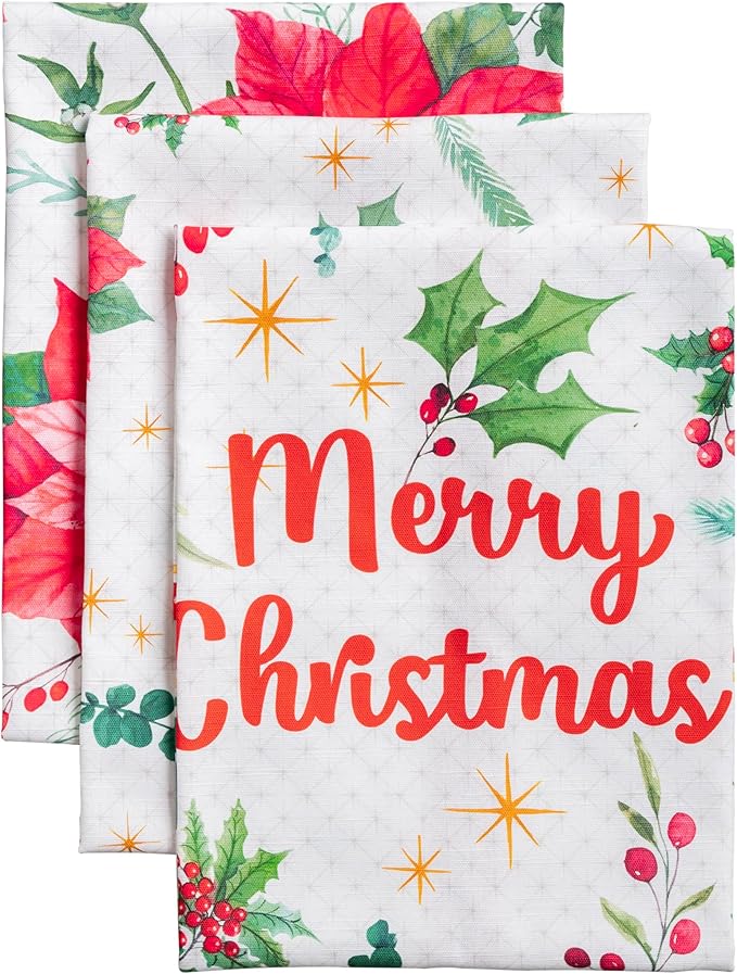 Maison d' Hermine Kitchen Towels Set of 3 100% Cotton 27.50" x 20" Reusable Cloth Tea Dish Towels Absorbent with Hanging Loop for Kitchen, Home, Dining, Cocktail Parties (Poinsettia Christmas)