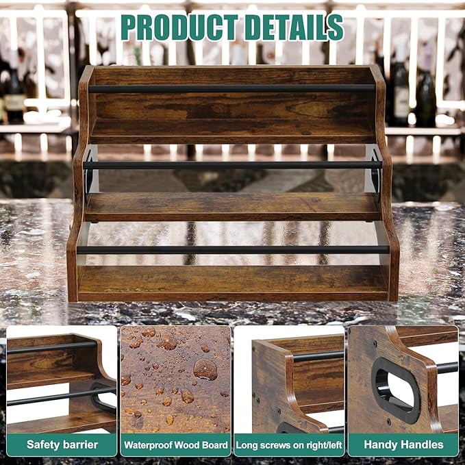 AT-VALY 3-Tier Spice Rack, Iron&MDF Kitchen Storage Shelf, Space-Saving Countertop Organizer for Spices, Herbs, Seasonings, Sturdy Stylish Condiment Holder,Countertop Wine Rack (Rustic Brown)