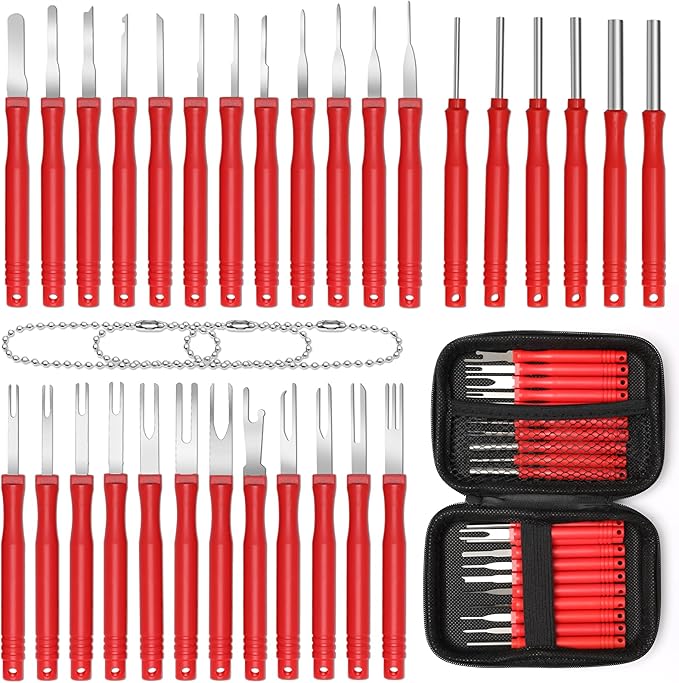 30+4P Terminal Pin Removal Tool Kit, Electrical Connector Depinning Tool Terminal Pin Extractor Kit Wire Release Tool for Car Household Devices (Red)