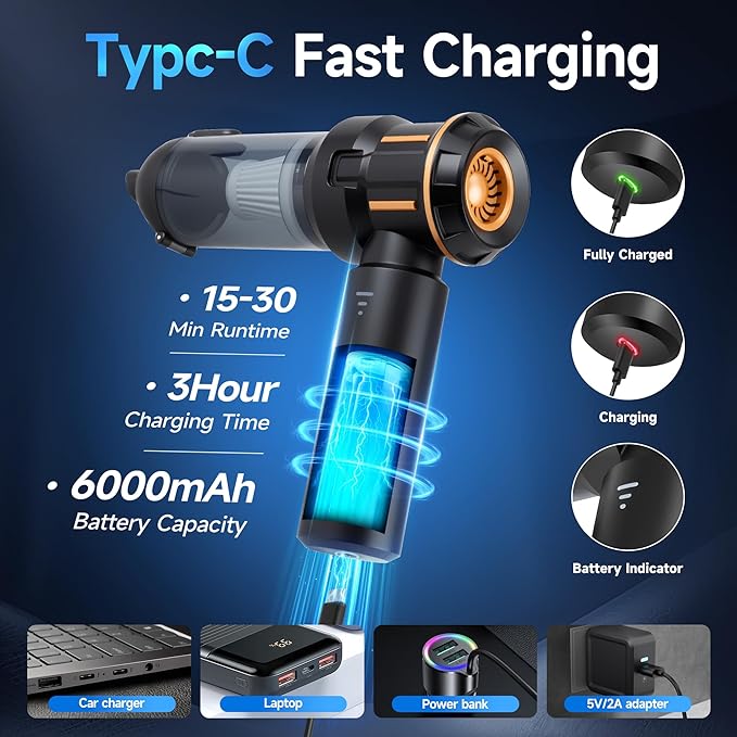 Portable Cordless Mini Car Vacuum Cleaner 16KPa - 80000RPM Brushless Motor Handheld 4-in-1 Compressed Air Duster & Air Blower & Pump Hand Held Vacuum for Car, Home, Office, Camping, Pet