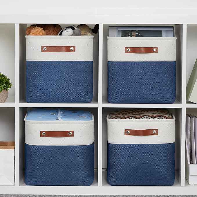 HNZIGE Fabric Cube Storage Bins Basket Set of 4, Closet Storage Cubes with Handles, Organizing Home Office (White Blue)